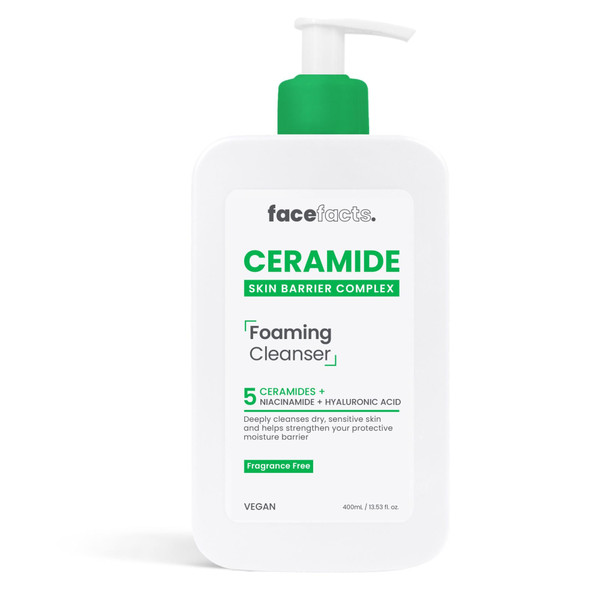 Face Facts Ceramide Foaming Cleanser; Deep cleanses, strengthens, 5 Ceramides plus Niacinamide, moisture locking Hyaluronic Acid; Helps strengthen protective skin barrier; Fragrance free; 400ml Face Facts Ceramide Foaming Cleanser; Deep cleanses, strengthens, 5 Ceramides plus Niacinamide, moisture locking Hyaluronic Acid; Helps strengthen protective skin barrier; Fragrance free; 400ml