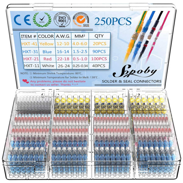 Sopoby 250PCS Solder Seal Wire Connectors Insulated Waterproof Electrical Wire Terminals Heat Shrink Solder Butt Connectors Kit for Automotive Marine
