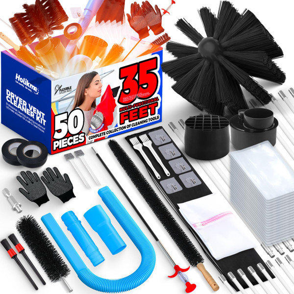 Holikme 50 Pieces 35 Feet Dryer Vent Cleaner Kit, Dryer Cleaning Tools, Include Dryer Vent Brush, Omnidirectional Blue Dryer Lint Vacuum Attachment, Dryer Lint Trap Brush, Vacuum & Dryer Adapters