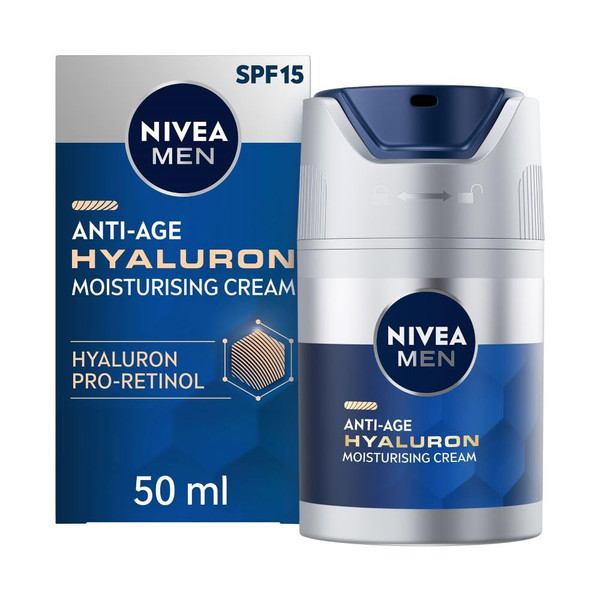 NIVEA MEN Anti-Age Hyaluron SPF15 Moisturising Cream (50ml), Anti-Wrinkle Face Cream with Hyaluronic Acid and Pro-Retinol, Visibly Reduces Deep Wrinkles and Firms Skin NIVEA MEN Anti-Age Hyaluron SPF15 Moisturising Cream (50ml), Anti-Wrinkle Face Cream with Hyaluronic Acid and Pro-Retinol, Visibly Reduces Deep Wrinkles and Firms Skin