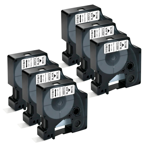TITBIT 6 Pack LM160 LM150 Tape White Replacement for DYMO Label Maker Tape Refills D1 45013 A45013 S0720530 Label Cassettes,Black on White,1/2" x 23 ',for DYMO LabelManager 210D 280 360D 420 500TS