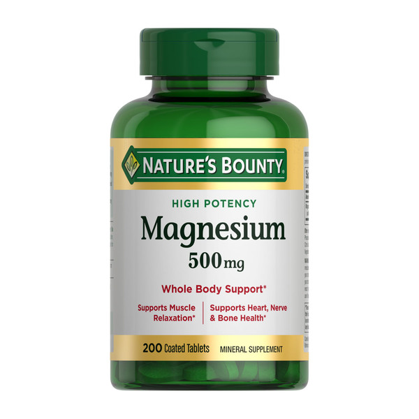 Nature's Bounty Magnesium 500 mg Tablets, High Potency Magnesium Supplement for Bone & Muscle Health, Whole Body Support, 200 Count (Pack of 1)