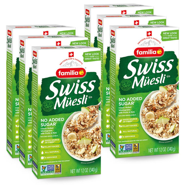Familia Swiss Muesli Cereal, 0g Added Sugar, Energy-Packed Cereal with Raisins, Hazelnuts and Almonds, 12 Ounce Box (Pack of 6)