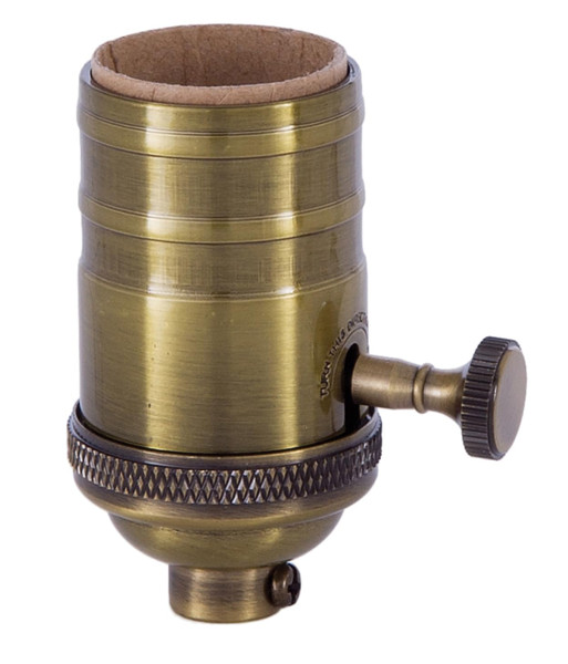 B&P Lamp® Heavy Turned Brass Socket with Brass Knob, Antique Brass Finish 3-Way Function, No Uno Thread