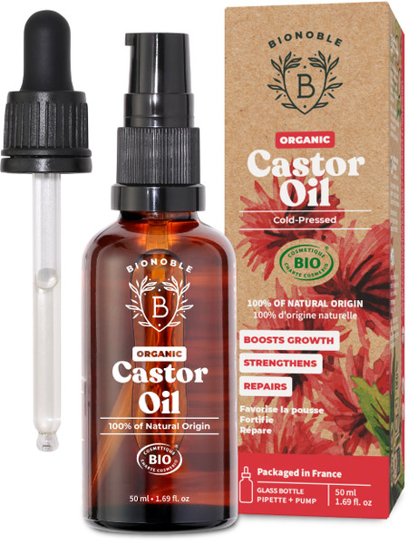 BIONOBLE Castor Oil Organic and Cold Pressed - Glass Bottle, Pipette and Pump - Vegan and Hexane Free Organic Castor Oil - Hair Growth Oil, Lash Serum, Beard Oil - 50ml