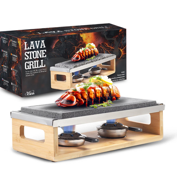 Artestia Steak Lava Stone Table Grill for Meat with Bamboo Stand, Smokeless BBQ Grill Outdoor with Fast Heating Natural Lava Cooking Stone, Ideal for Dinner and Family Fun, Two Rechauds (14.56"*6.69")
