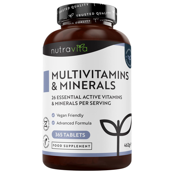 Nutravita Multivitamins & Minerals - 365 Vegan Multivitamin Tablets - 1 Year Supply - Multivitamin Tablets for Men and Women with 26 Essential Active Vitamins & Minerals - Made in The UK