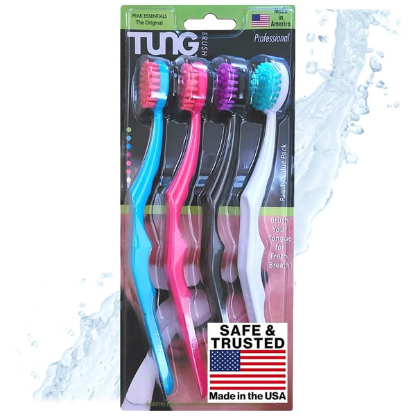 Tung Brush Tongue Cleaner, Plastic Tung Scraper, Tongue Cleaning to Fight Bad Breath, Halitosis Defense, USA Made, 4-Pack