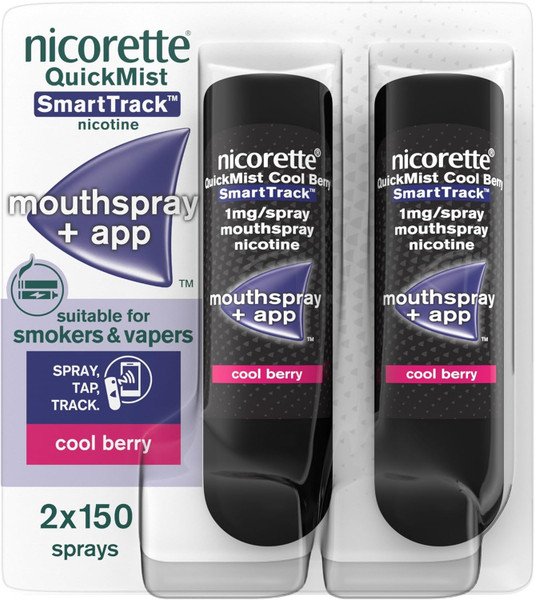 Nicorette Quickmist SmartTrack Mouthspray, Cool Berry (2 x 150 sprays) Smoking or Vaping cessation Aid, designed to start reducing cravings in 30 seconds (Quit Smoking or Quit Vaping Aid)