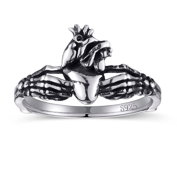 AVECON Claddagh Rings for Women, Gothic Skeleton Hands with Anatomical Heart Skull Stackable Statement Ring, Unique Jewelry Gift, Size 9