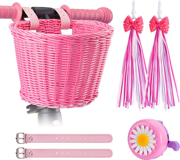 Inborntrait Kids Bike Basket Set, Girl Bike Basket Pink Handwoven, Bike Baskets for Kids, Children Cycling Basket with Spare Leather Straps, Bowknot Streamers and Bell Easy Install Detachable