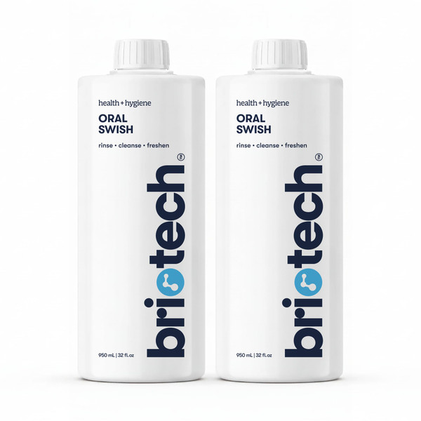 BRIOTECH Oral Swish, Hypochlorous Acid Mouthwash Rinse, Gentle Oral Care Hygiene, Fight Bad Breath, Support Against Plaque, Gum Irritation & Tender Gums, Alcohol & Fluoride Free, 32 fl oz (2 Pack)
