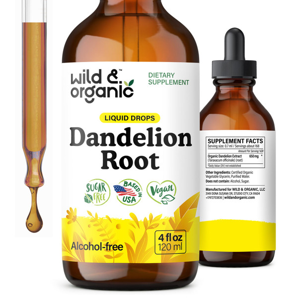 Wild & Organic Dandelion Root Extract Drops - Liver Cleanse Detox - Herbal Dandelion Tincture - Liver Support Supplement - Vegan, Sugar & Alcohol-Free Liquid Drops - 4 fl oz