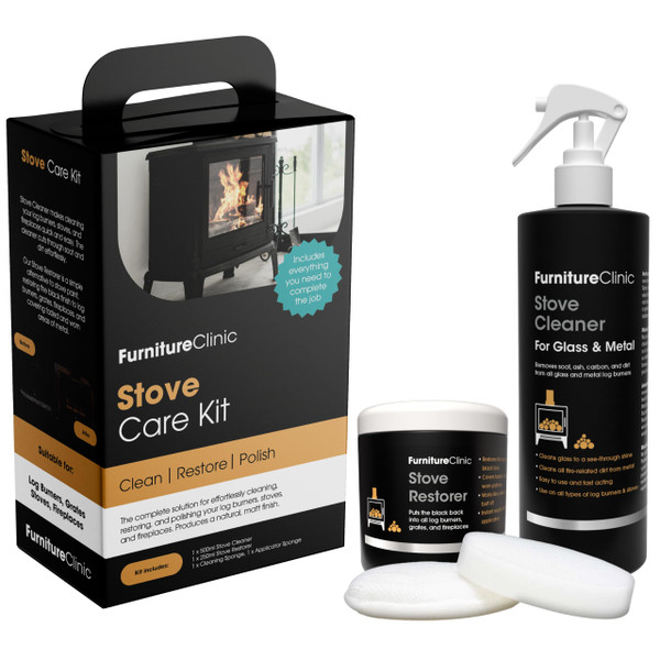 Furniture Clinic Stove Care Kit – Clean & Restore Log Burners, Grates, & Fireplaces | Removes Soot & Dirt | One Bottle Glass & Metal Cleaner + Stove Polish | 500ml / 17 Fl Oz Each Bottle