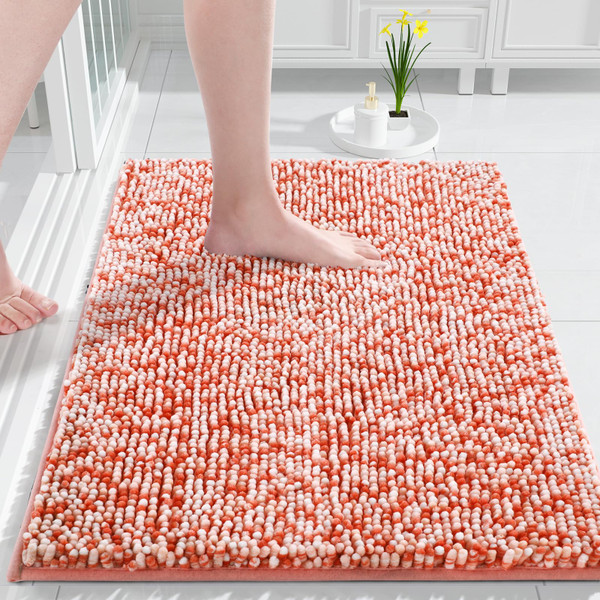 Yimobra Bath Mats for Bathroom Non Slip, 36x24, Extra Soft Chenille Bathroom Rugs, Luxury Fluffy Long Matts for Tub, Plush Shaggy Carpet, Water Absorb, Machine Washable, Orange & Pink