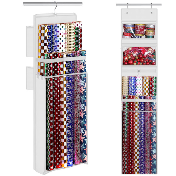 Wrapping Paper Organizer Storage, Double-Sided Hanging Gift Wrap Roll Holder for Christmas, 63"x13" Over Door Present Bag Container for Room Closet, White Wrapper Station for Birthday