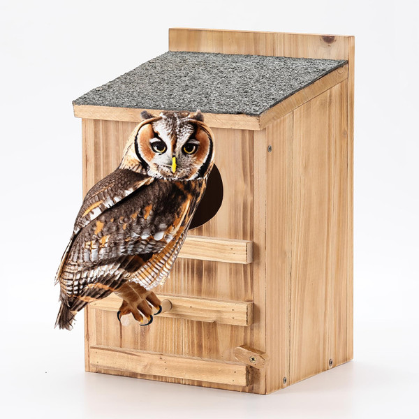 Screech Owl House With Bird Stand - Large Cedar Premium and Weatherproof Design - Prebuilt Box for Outside With Mounting Screws, Easy Assembly