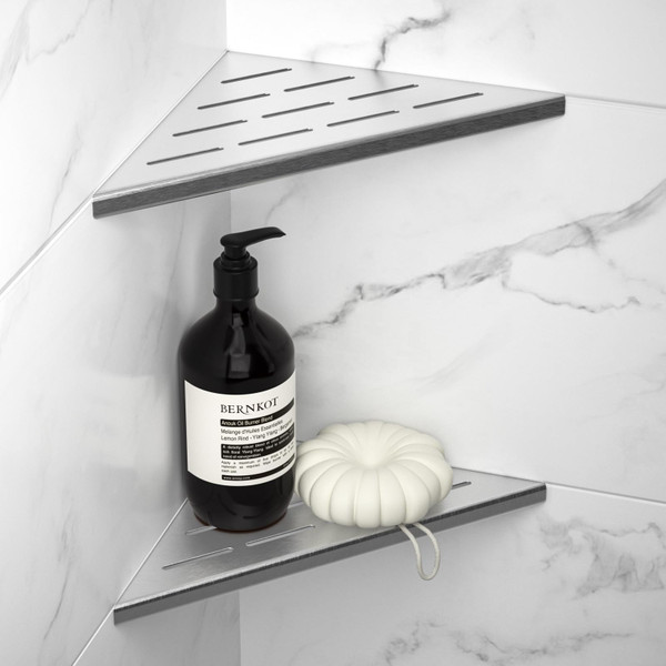 Bernkot 8'' Corner Shower Shelf 2PCS, 304 Stainless Steel Recessed Bathroom Shelves for Tiled Wall, Grout in Shelf, No Drilling Needed (8'', Silver)
