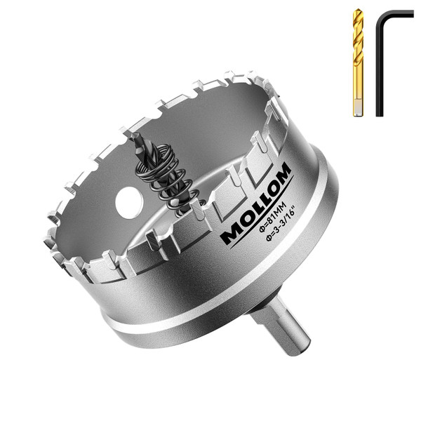 Mollom (3-3/16''|81mm) Heavy Duty Carbide Hole Saw with 2 Pilot Drill Bits, Hole Cutter cuts Stainless Steel, mild Steel, Iron, Copper, Brass, Plastic