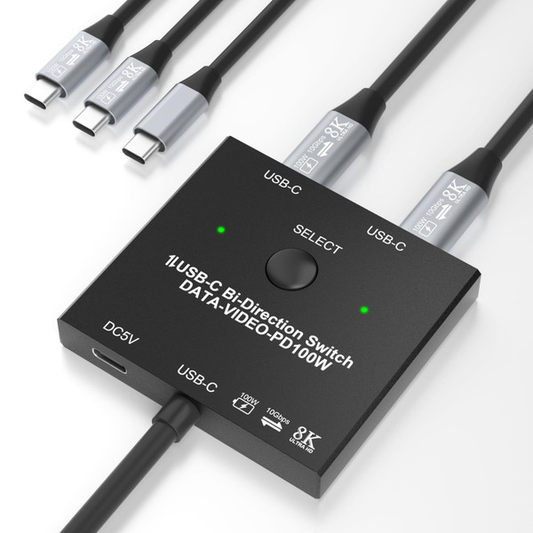 8K USB C Switch, USB C Switcher for 2 Computers Bi-Directional, USB C KVM Switch with Wired Remote & 2 USB-C Cables, for 100W Charging+10Gbps Data+Video Transfer, 8K@60Hz/4K@144Hz