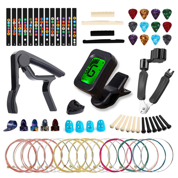 60PCS Acoustic Guitar Accessories Kit Including Guitar Strings, Tuner, Capo, 3-in-1 Restring Tool, Pick Holder, Bridge Pins, Nuts & Saddles, Finger Protector, Finger Picks, Fretboard Stickers