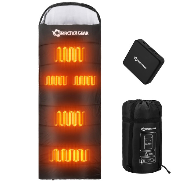 Antarctica Gear Heated Sleeping Bag, 5pcs Heating Areas Sleeping Bags with 16000mAh 12V Battery Pack, 3 Adjustable Heating Levels Cold Weather Sleeping Bag for All Season Hiking & Camping