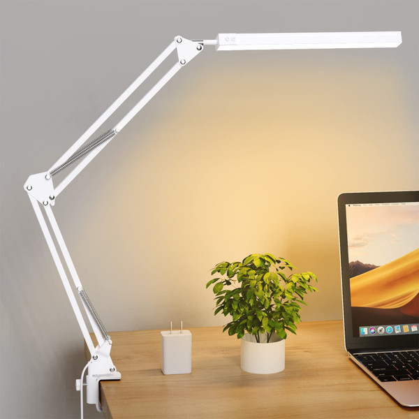 TROPICALTREE LED Desk Lamp for Home Office, Clamp-On with 3 Light Modes | 14W Adjustable Brightness 5000K Eye-Caring Lighting for Study/Bedroom/Computer Desk (White)