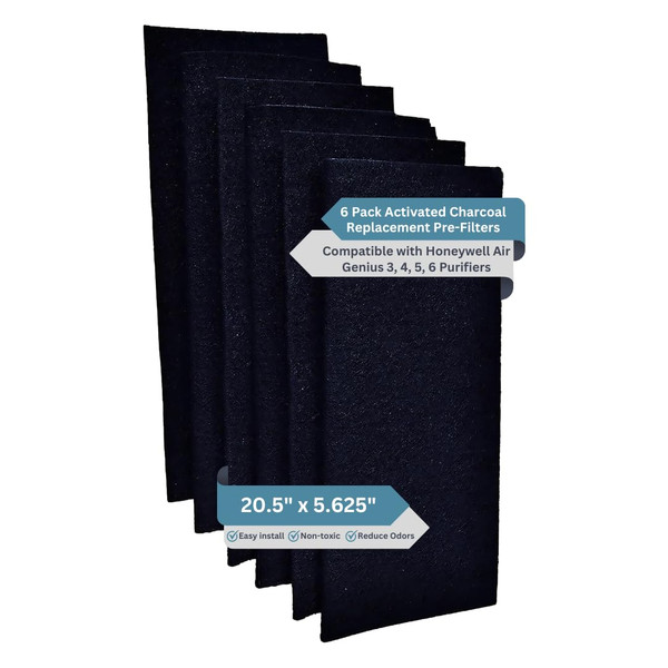 Fresh Headquarters 6-Pack Activated Carbon Air Filter - Premium 20.5" x 5.625" Air Purifier Pre Filter - Compatible with Honeywell Genius 3/4/5/6 Purifiers (HFD‑3X & 360 Series) - Odor & VOC Reduction