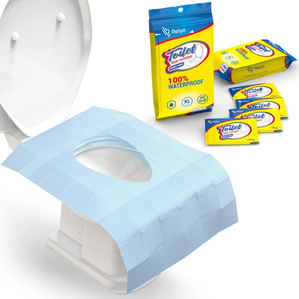 Relyo 20 Pack XL Disposable Toilet Seat Covers – Waterproof Toilet Cover Sheets with Adhesive Tabs for Adults, Kids & Toddlers, Travel, Public Restrooms, Airplane, Camping