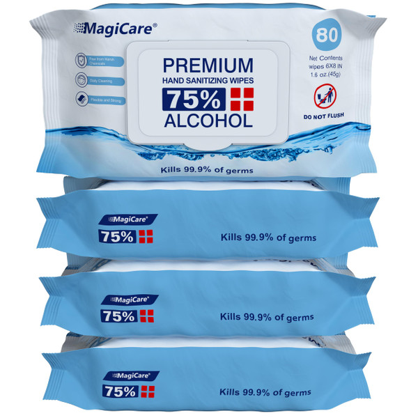 MagiCare 75% Large Alcohol Wipes (4-80ct Packs) - Alcohol Hand Sanitizing Wipes, Premium - Unscented Hand Wipe, Sanitizer Wipe - Travel, Home, Classroom, Camping - 4 Soft Packs (320pcs)