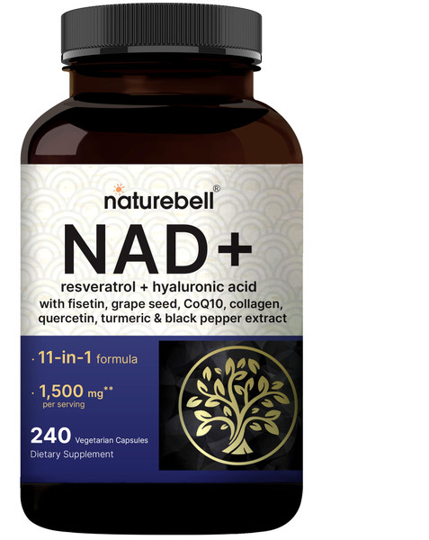 NatureBell NAD+ 1,500mg Per Serving, 240 Veggie Capsules | NMN Supplement Alternative | 10-in-1 Complex with Resveratrol Plus Hyaluronic Acid, Quercetin, Fisetin, Collagen, & More – Non-GMO NatureBell NAD+ 1,500mg Per Serving, 240 Veggie Capsules | NMN Supplement Alternative | 10-in-1 Complex with Resveratrol Plus Hyaluronic Acid, Quercetin, Fisetin, Collagen, & More – Non-GMO