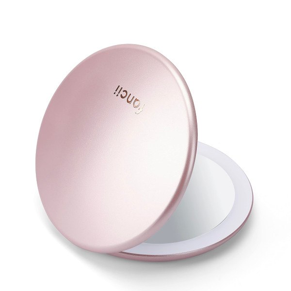 Fancii Taylor LED Lighted Travel Makeup Mirror, Rechargeable with 10x/1x Magnifying & 3 Light Settings - Compact, Portable, Large 5” Wide Hand Mirror for Handbag and Purses (Rose Gold)