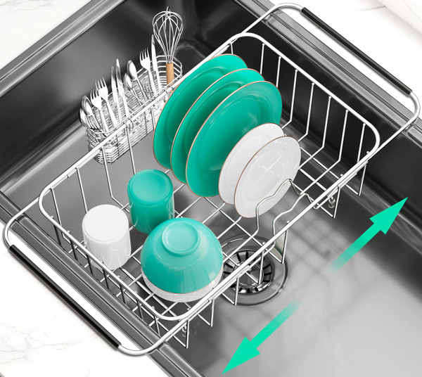SwetLao Dish Drainer Rack in Sink Adjustable, Expandable 304 Stainless Steel Metal Dish Drying Rack Organizer with Stainless Steel Utensil Holder Over Inside Sink Counter, Rustproof
