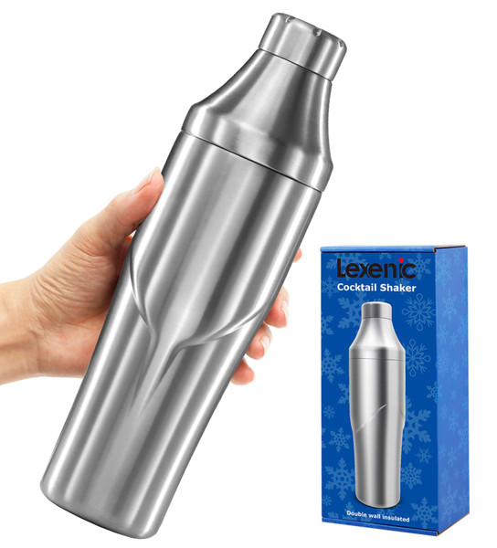 Lexenic 24oz Cocktail Shaker - Insulated Double Wall Keep Drink Chilled - No Stuck Twist Lid,Leakproof and Built-in Strainer - Perfect for Home Bar- Premium Stainless Steel Drink Shaker,Martini Shaker
