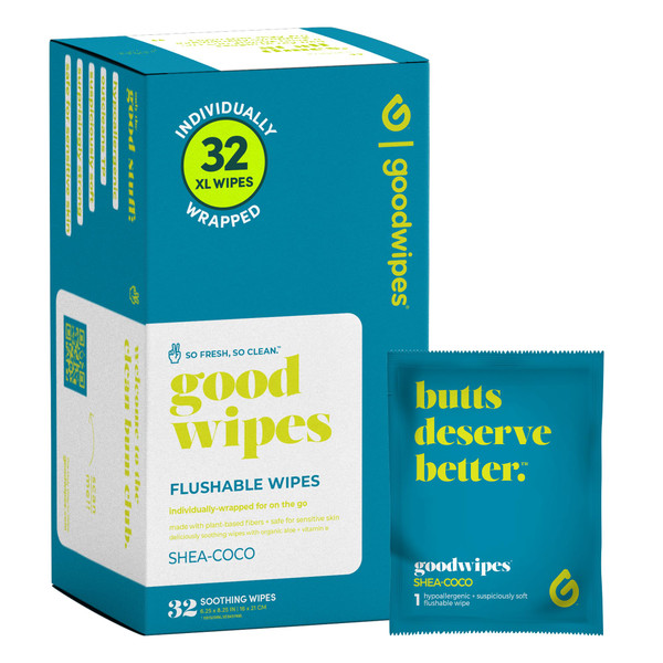 Goodwipes Flushable Wipes – Made with Vitamin E & Aloe – Soft, Individually Wrapped Butt & Feminine Cloths for On-the-Go & Travel Use – Largest Adult Toilet Towelettes – Shea-Coco, 1 pack, 32 count Goodwipes Flushable Wipes – Made with Vitamin E & Aloe – Soft, Individually Wrapped Butt & Feminine Cloths for On-the-Go & Travel Use – Largest Adult Toilet Towelettes – Shea-Coco, 1 pack, 32 count