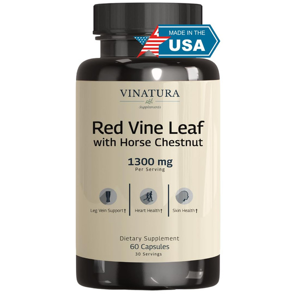 VINATURA Red Vine Leaf Extract - Horse Chestnut, 1300mg/serving *USA Made and Tested* Circulation and Vein Support for Healthy Legs - Helps Blood Flow, Leg Circulation - 60 Capsules (30 Servings)