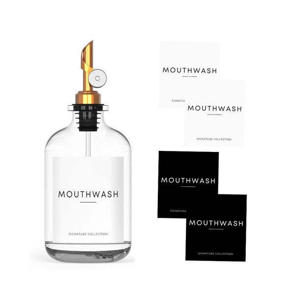 WASHEE Mouthwash Dispenser for Bathroom - Glass Mouthwash Container (12.7 oz) with Weighted Pour Spout & 4 Mouthwash Bottle Labels, Perfect for Bathroom Organization & Farmhouse Decor