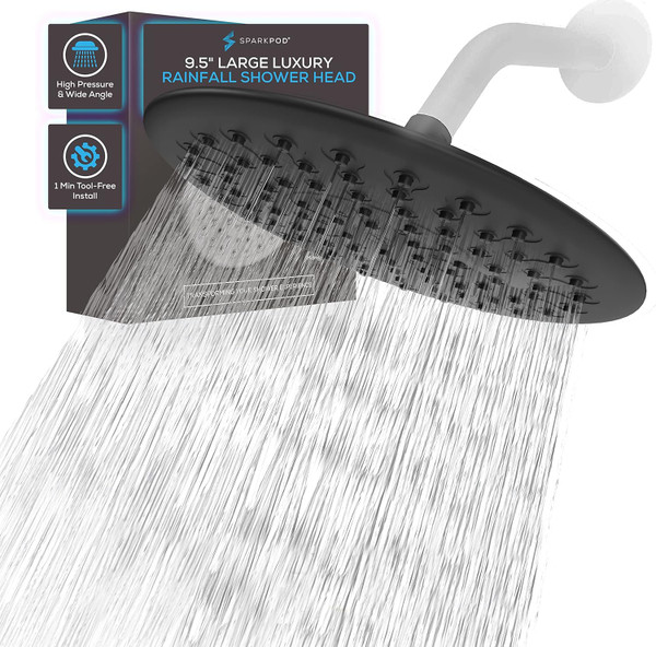 SparkPod 9.5 Inch Large Rain Shower Head - Luxury Rainfall Shower Head - High Pressure Showerhead, Full Body Coverage with Anti-Clog Silicone Nozzles - No Hassle, Easy Install (1/2 NPT, Black Matte)