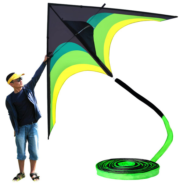 Flying Hoofer Gaint Kite for Adults Easy to Fly, 9ft Huge Delta Kite Come with 98ft Tail (Black and Green).