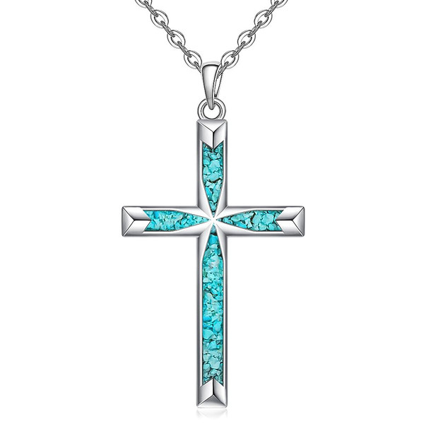 Iringnier Silver Cross Necklaces for Women Turquoise Cross Necklace Dainty Silver Pendant Jewelry Christmas Gifts