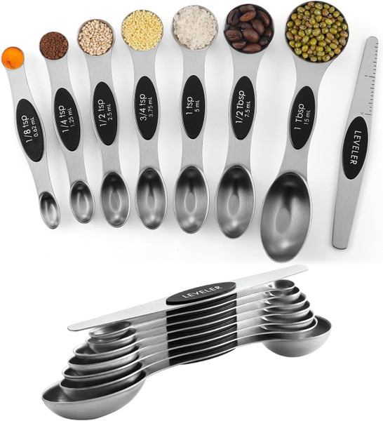 ChefAide Pack of 8 Stainless Steel Magnetic Measuring Spoons Set, Dual Sided, Stackable, Adjustable Teaspoon and Tablespoon Measure Spoon with Leveler, Kitchen Gadgets Set 5