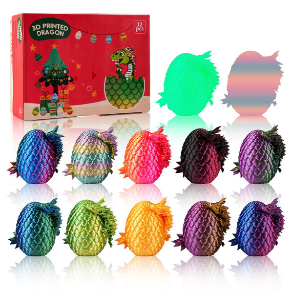 JOMBY 12PCS 3D Printed Dragon Eggs with Dragon Inside, Christmas Stocking Stuffers for Kids Boys, Articulated Crystal Fidget Toy for for Kids & Adults Gifts Christmas Ornament & Stocking Stuffers