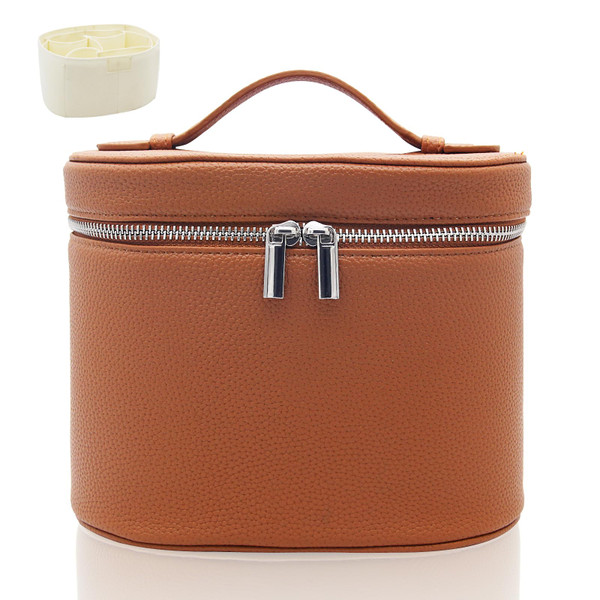 KJMYYXGS Leather Makeup Bag with Dividers Make Up Organizers with Compartments and Handle for Vanity Travel Makeup Countertop Case (brown)