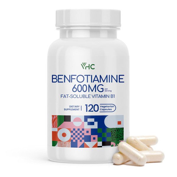 VHC Vitamin B1 Benfotiamine 600mg Supplement- 5X Time Fat-Soluble Thiamine Vitamin B1- Max Boost Bioavailable Thiamine B1 Levels-120 Veggie Capsules,Non-GMO, Soy Free- Made in USA