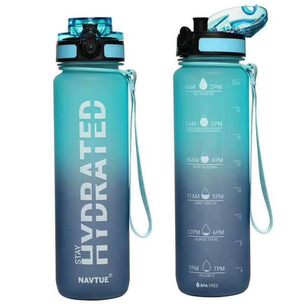 NAVTUE Water Bottle, 32 oz Sports Water Bottles with Time Marker Wide Mouth, Motivational and Leakproof Drink Bottle, BPA Free Tritan with Carry Strap for Gym Fitness Outdoor(Direct Drink)