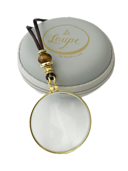 Magnifying Necklace, 10X Powerful Optical Pendant, Brown Tiger's Eye Healing Crystal, Gold Rim on Dark Brown Satin Cord. Light Weight for Reading