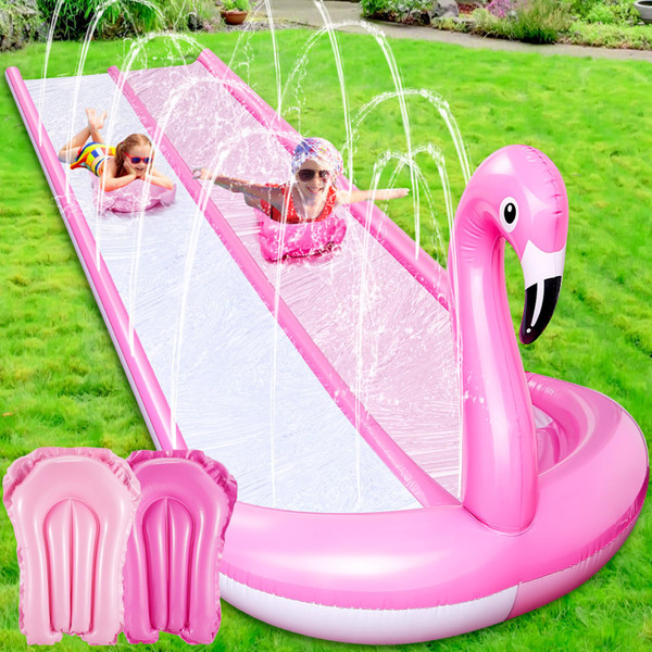 Foilswirl 20ft 3D Flamingo Slip Water Slide Double Lane Lawn Water Slides 3 Sided Safe Fence Heavy Duty Inflatable with 2 Bodyboards and Sprinkler for Boy Girl Outdoor Backyard Play Foilswirl 20ft 3D Flamingo Slip Water Slide Double Lane Lawn Water Slides 3 Sided Safe Fence Heavy Duty Inflatable with 2 Bodyboards and Sprinkler for Boy Girl Outdoor Backyard Play