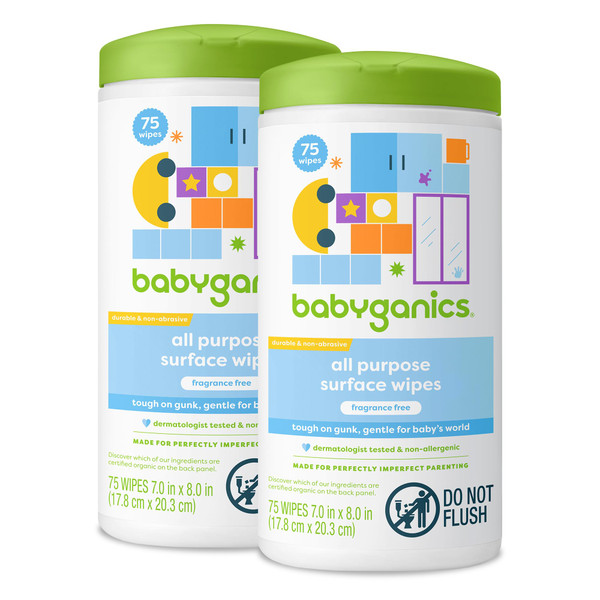 Babyganics All Purpose Surface Wipes, 75 ct, Plant Based and Non-Abrasive, No Ammonia, No Bleach, Packaging May Vary