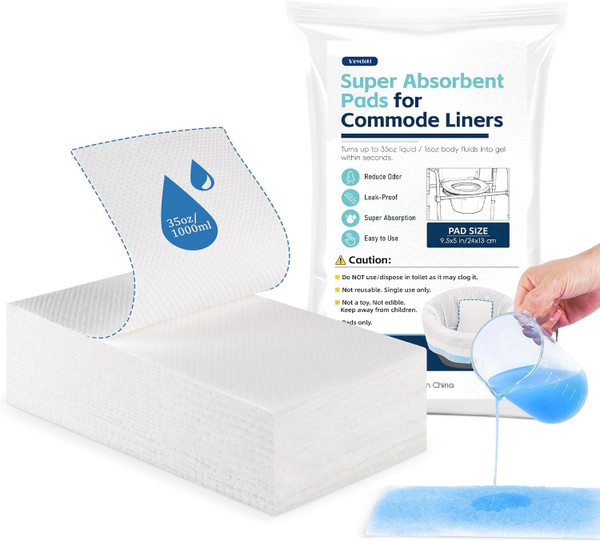 Super Absorbent Commode Pads, 50 Pack Bedside Commode Pads for Commode Liners Disposable, Portable Toilet Pads Bedpans for Adults Potty Bags Chair Bucket, Reduces Odor for Liquid