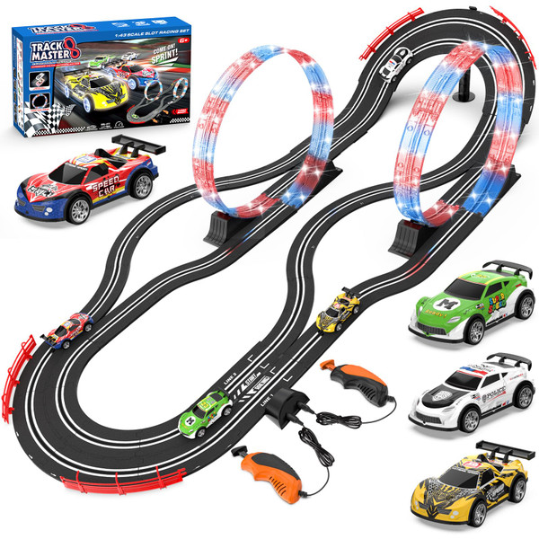 2-in-1 Slot Car Race Track Set with 4 High-Speed Cars, Electric Track, Dual Racing Game with 2 Controllers, Circular Overpass Design Featuring Flash Tracks. Toy Gift for Boys Kids Ages 4-6 6-8 8-12